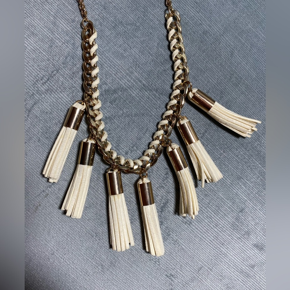 Vintage western Boho Charming Charlie necklace with leather tassels, gold tone